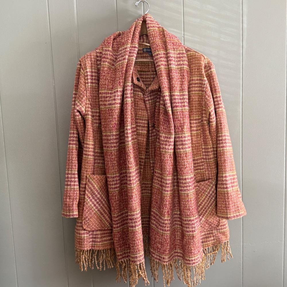 Democracy Womens Large Raspberry Multi Plaid Tubular Fringe Coat Attached Scarf - Picture 13 of 15